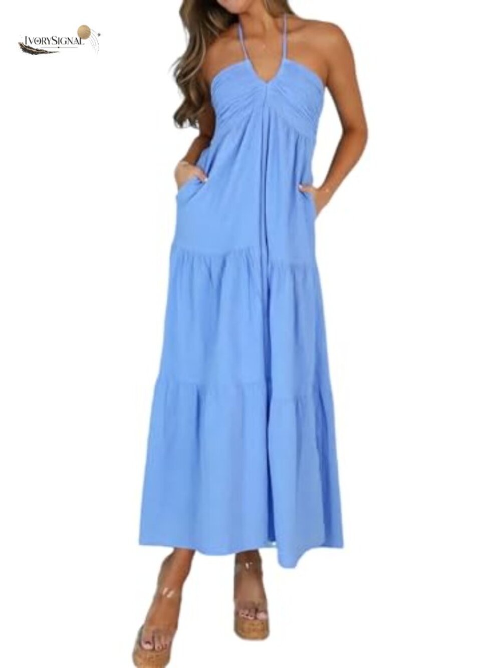 Women's Casual Halter Tiered Vacation Maxi Dress with Pockets